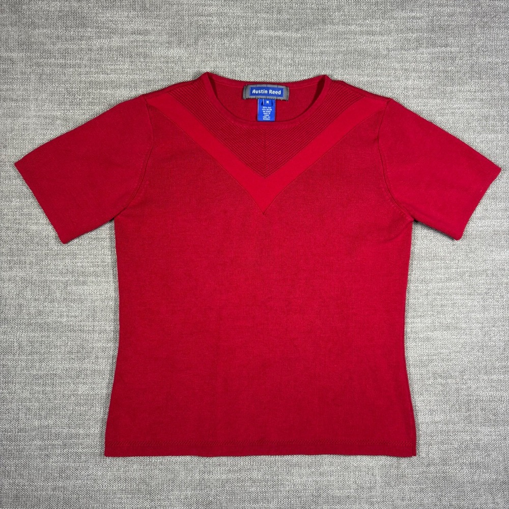 Austin Reed Red Silk‎ Blend Short Sleeve Knit Sweater Top Mesh V-Neck Womens M *